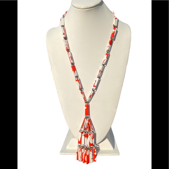 Hand Crafted Jewelry - 36” Handcrafted Artsy Wrapped Paperclip Necklace Shiny Orange White